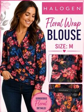 Halogen Navy Floral Blouse with Pink, Blue & Yellow Blooms